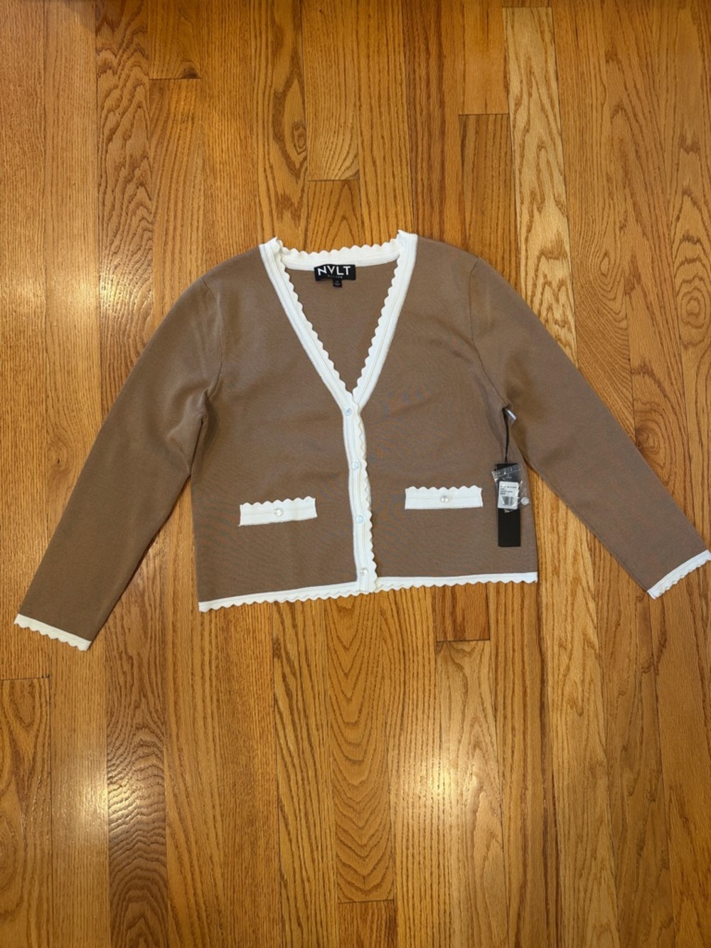NWT NVLT Brown Cardigan Sweater with Cream Trim- Size Large